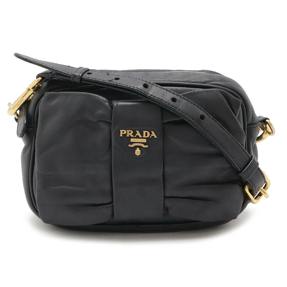 Prada Ribbon Motif Shoulder Bag Pochette Clutch Leather NERO Black